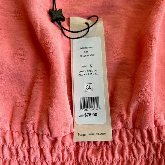BCBGeneration Small Coral Pink Cropped Smocked Blouse Top Square Neck NWT New - Picture 8 of 10